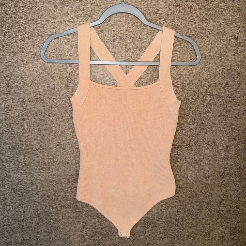 Abercrombie & Fitch Cross-Back Knit Bodysuit in tan color